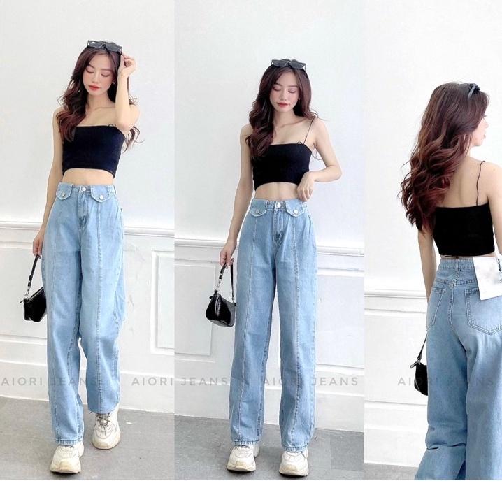 Quần Jean Nữ Aiori Ống Rộng Lưng Cao Trơn Bò Suông Cạp Cao Jeans Cotton Thoáng Mát, Mềm Mịn, Thời Trang Hàn Quốc_Mã 3357