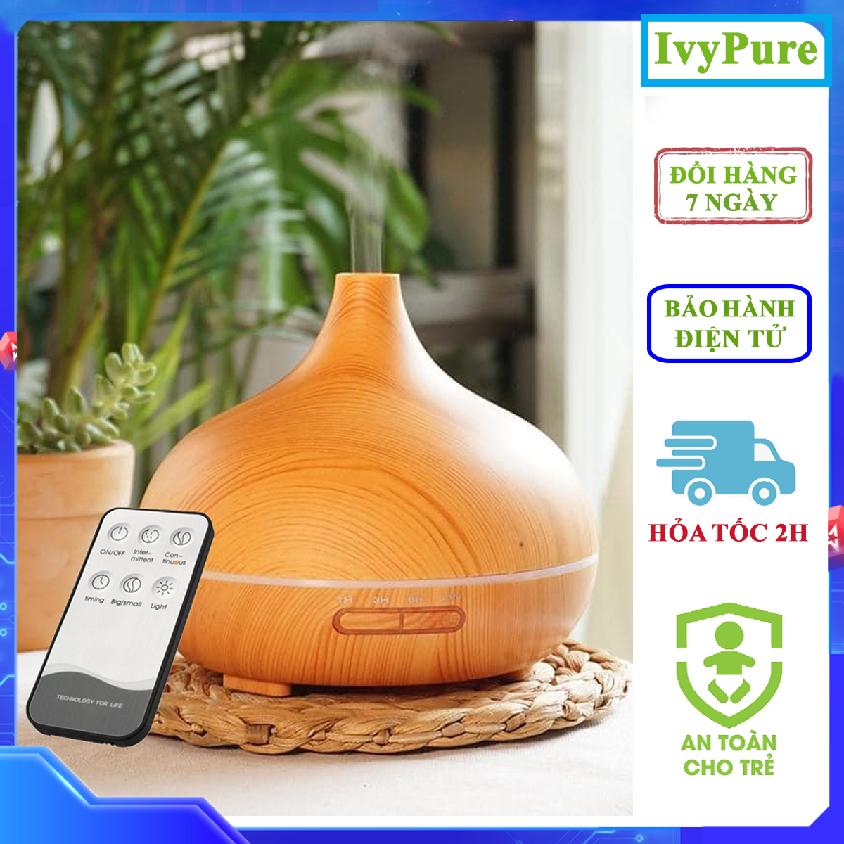 Máy Khuếch Tán Tinh Dầu Vân Gỗ Cao Cấp, Dung Tích 500ML Phun Sương Tỏa Hương Tinh Dầu Cho Phòng Lớn Có điều khiển từ xa