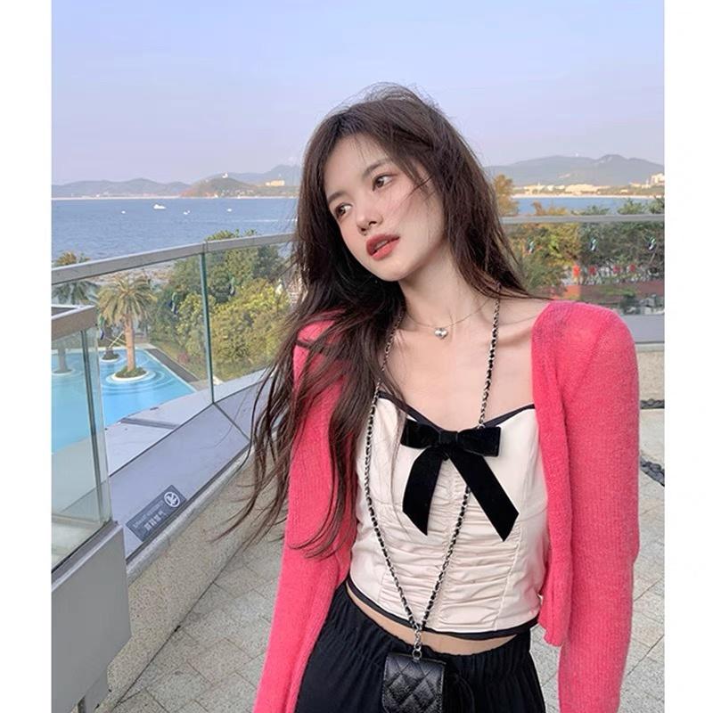 MS625 Áo hai dây nữ kiểu rúm ngực đính nơ croptop