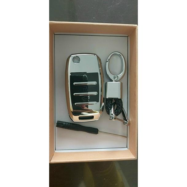 BAO ỐP CHÌA KHÓA BẰNG SILICON VÀ MÓC KHÓA INOX 3 NÚT DÙNG CHO XE KIA MORNING, SOLUTO