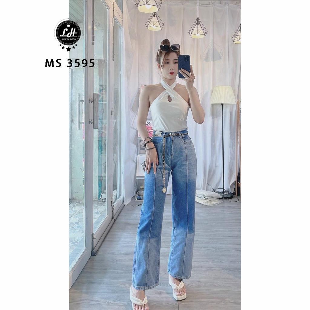 Quần jean nữ ống rộng, quần bò màu xanh loang xen kẻ lưng cao có team đọc lạ Lê Huy Fashion MS 3595