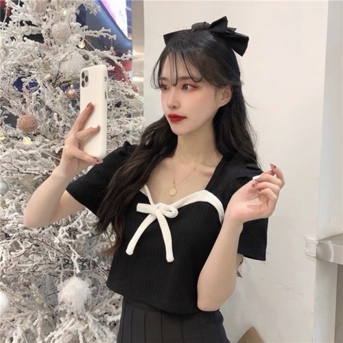 A6 - Áo thun vai bồng phối nơ trước ngực tay ngắn vai bồng xinh xắn dễ thương