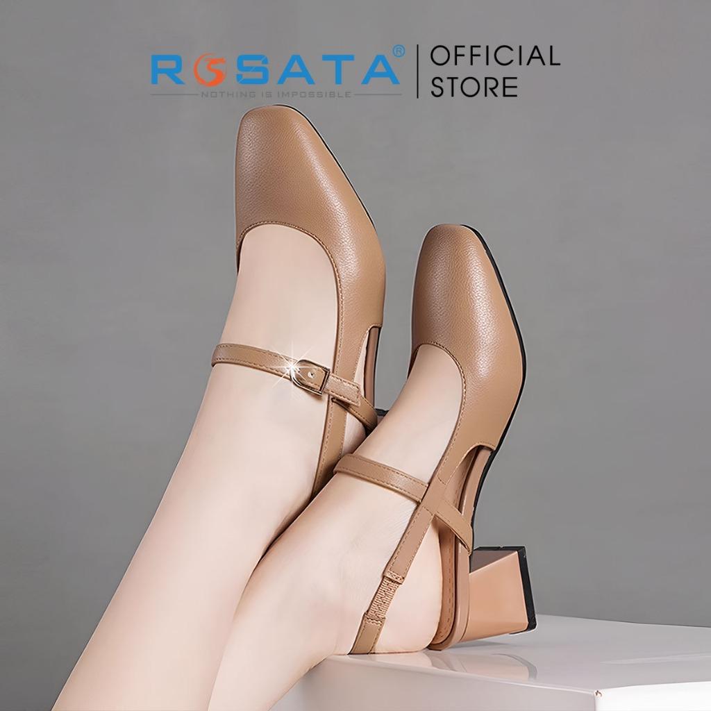 Giày cao gót nữ đế vuông 5 phân mũi tròn quai hậu cài khóa dây mảnh ROSATA RO622 - Nâu
