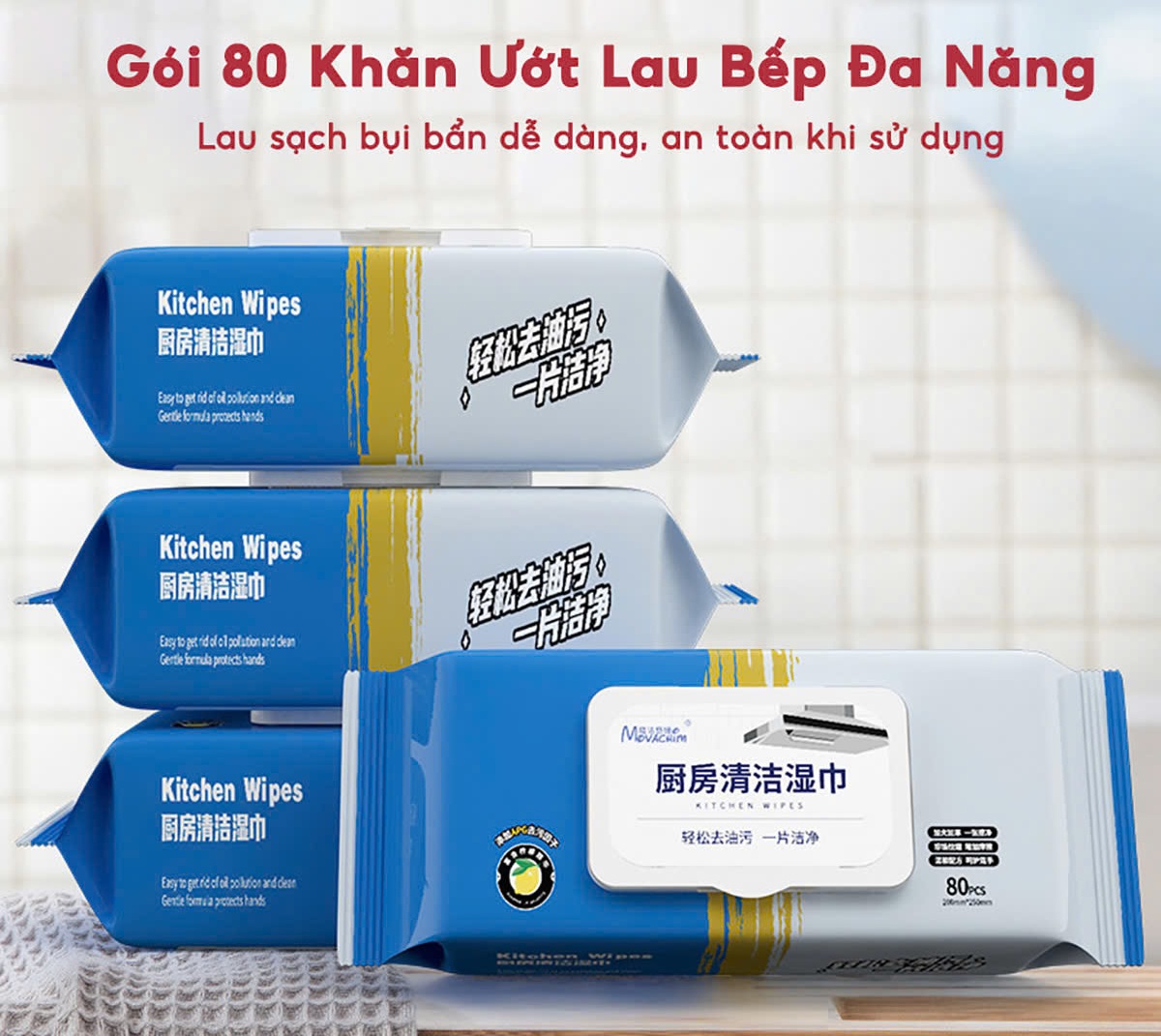 Khăn ướt lau bếp đa năng siêu sạch, diệt khuẩn và khử mùi 1 gói 80 miếng - Hàng Cao Cấp