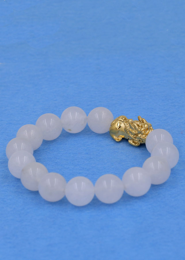 Vòng đeo tay thạch anh trắng 12 ly - cẩn Tỳ Hưu inox vàng VTATTHV12 - hợp mệnh Kim, mệnh Thủy