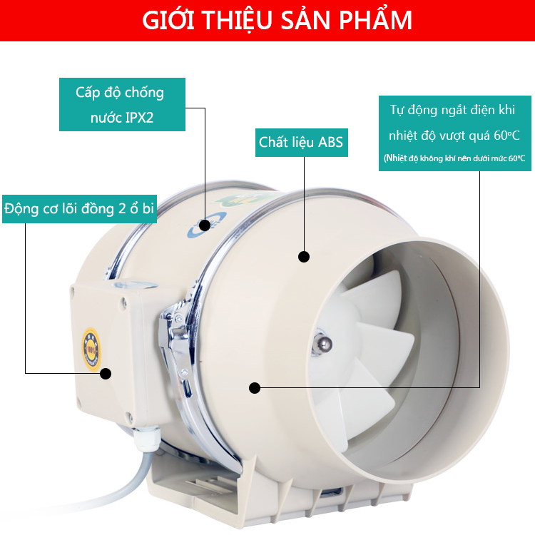 Quạt thông gió hút mùi đường ống đa năng hiệu suất cao chuyên dùng cho nhà bếp công sở nhà vệ sinh không ồn