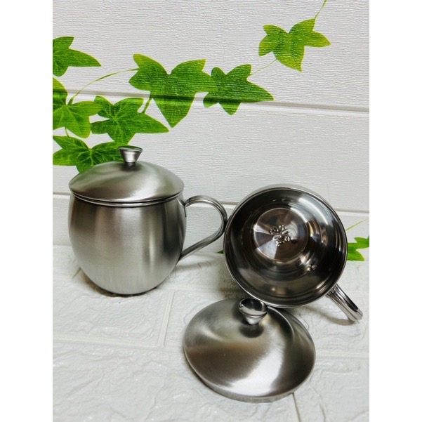 Cốc uống nước inox sus 304, 700ml có nắp và quai, tách uống caphe, uống trà