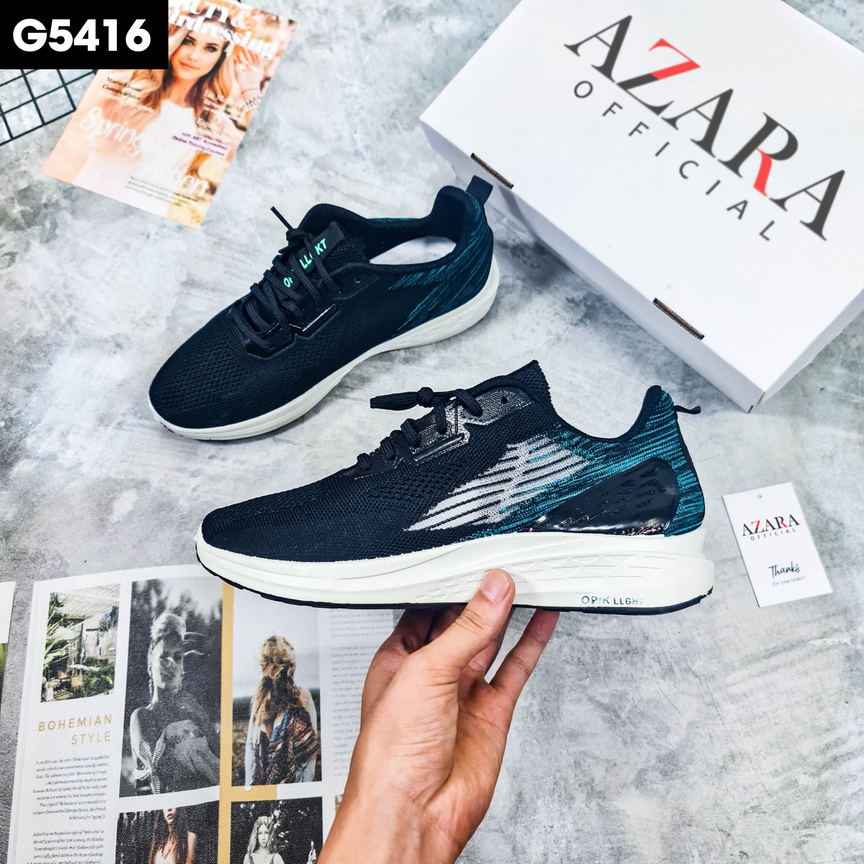 Giày Thể Thao Nam AZARA- Sneaker Màu Đen - Xanh, Giày Thể Thao Chạy Bộ Thoải Mái, Vải Thoáng Khí, Êm Chân - G5416