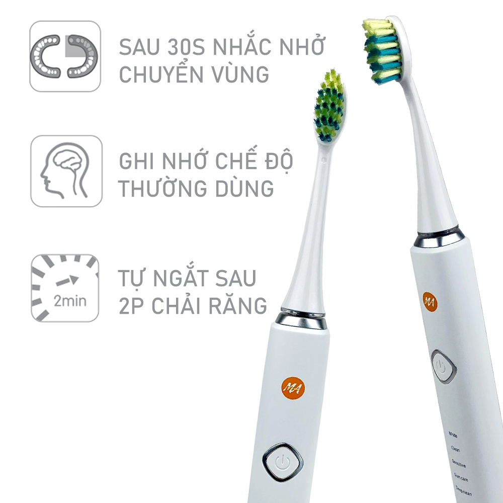 Bàn chải đánh răng điện MaxAir model MA004 công nghệ sóng âm Sonic, 5 chế độ rung, tặng kèm 2 đầu bàn chải, hàng chính hãng