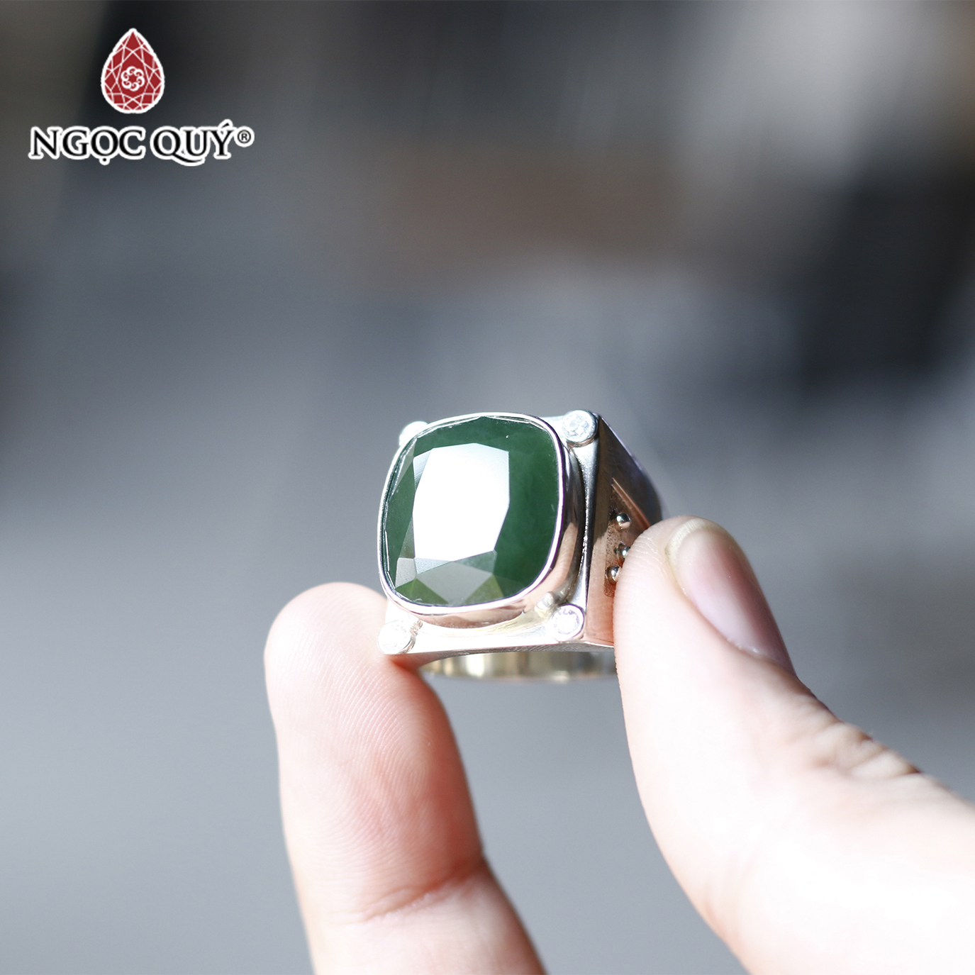 Nhẫn bạc nam mặt đá ngọc bích bản vuông ni20 mệnh hỏa, mộc - Ngọc Quý Gemstones