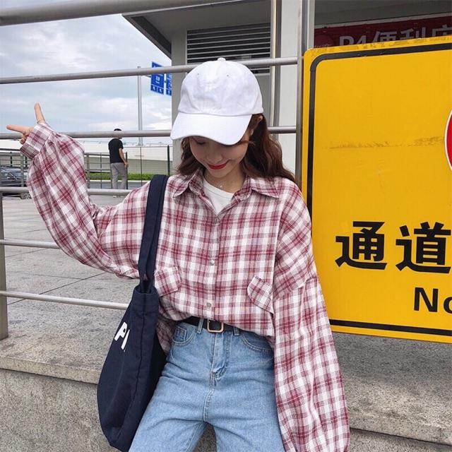 Áo sơ mi caro tay phồng túi giả