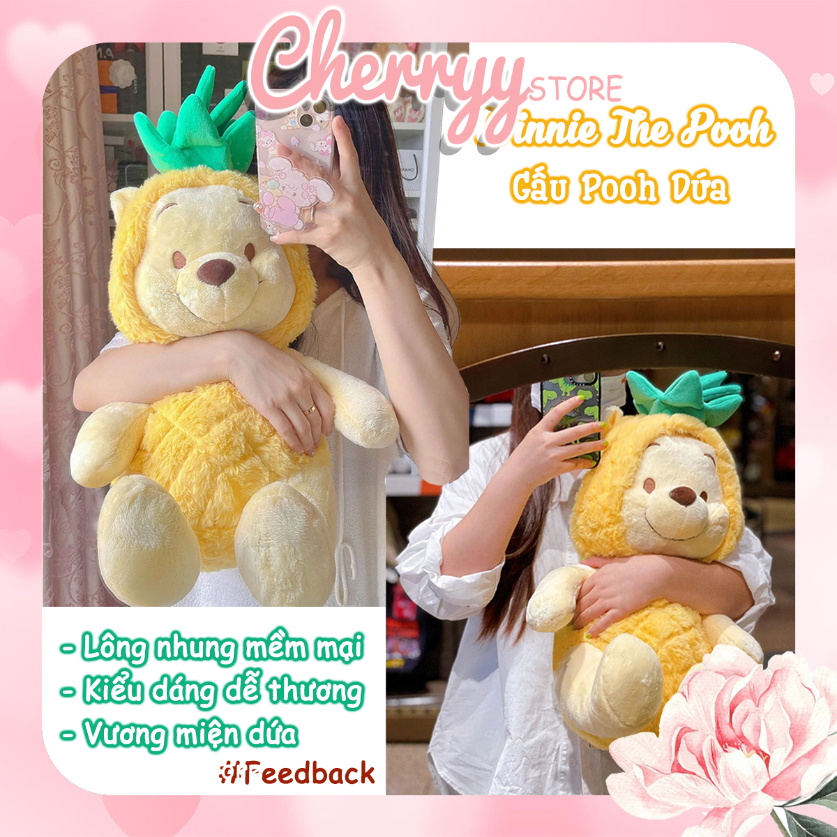 Gấu Pooh dứa dễ thương, gấu Winnie The Pooh trái dứa làm quà tặng trang trí size 30cm-105cm