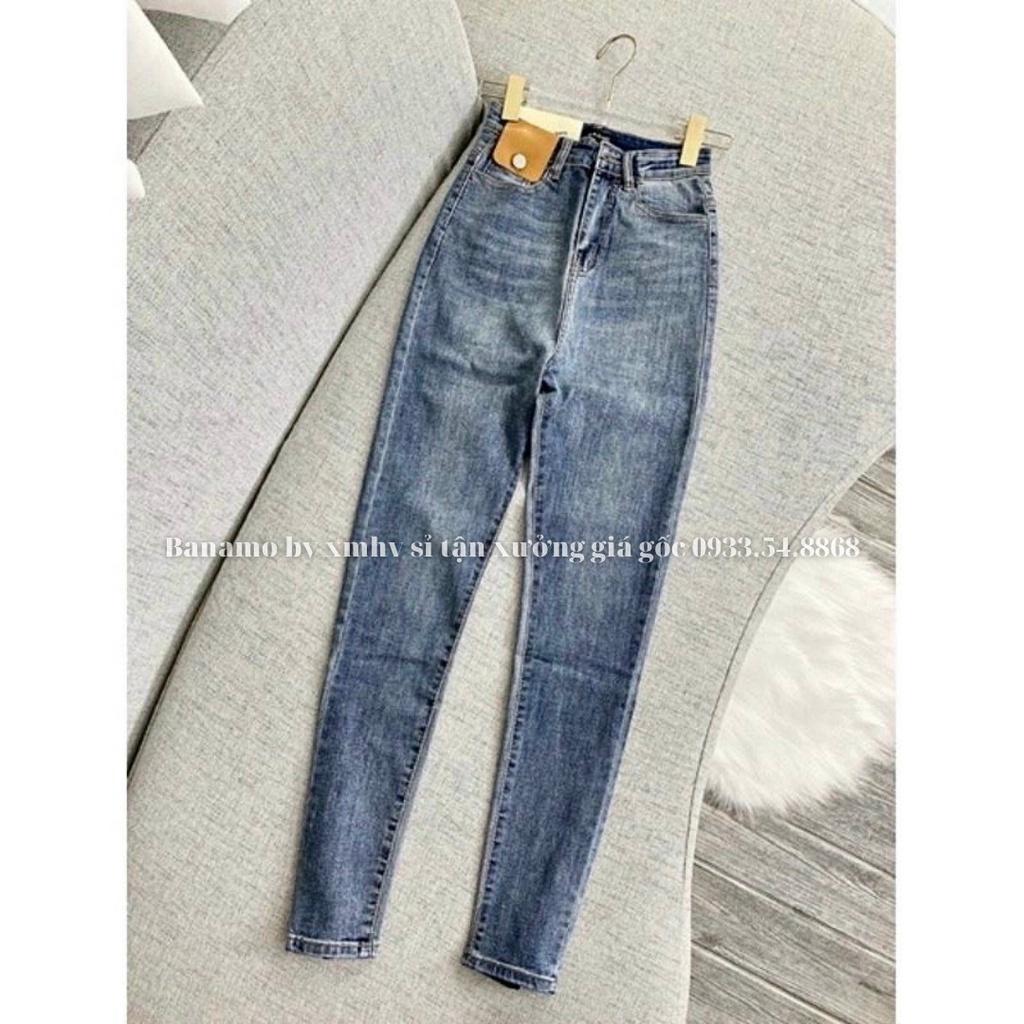 Quần jean nữ túi nắp da cạp cao hách dáng miên man siêu đẹp thời trang Banamo Fashion  jean nữ túi nắp da 769