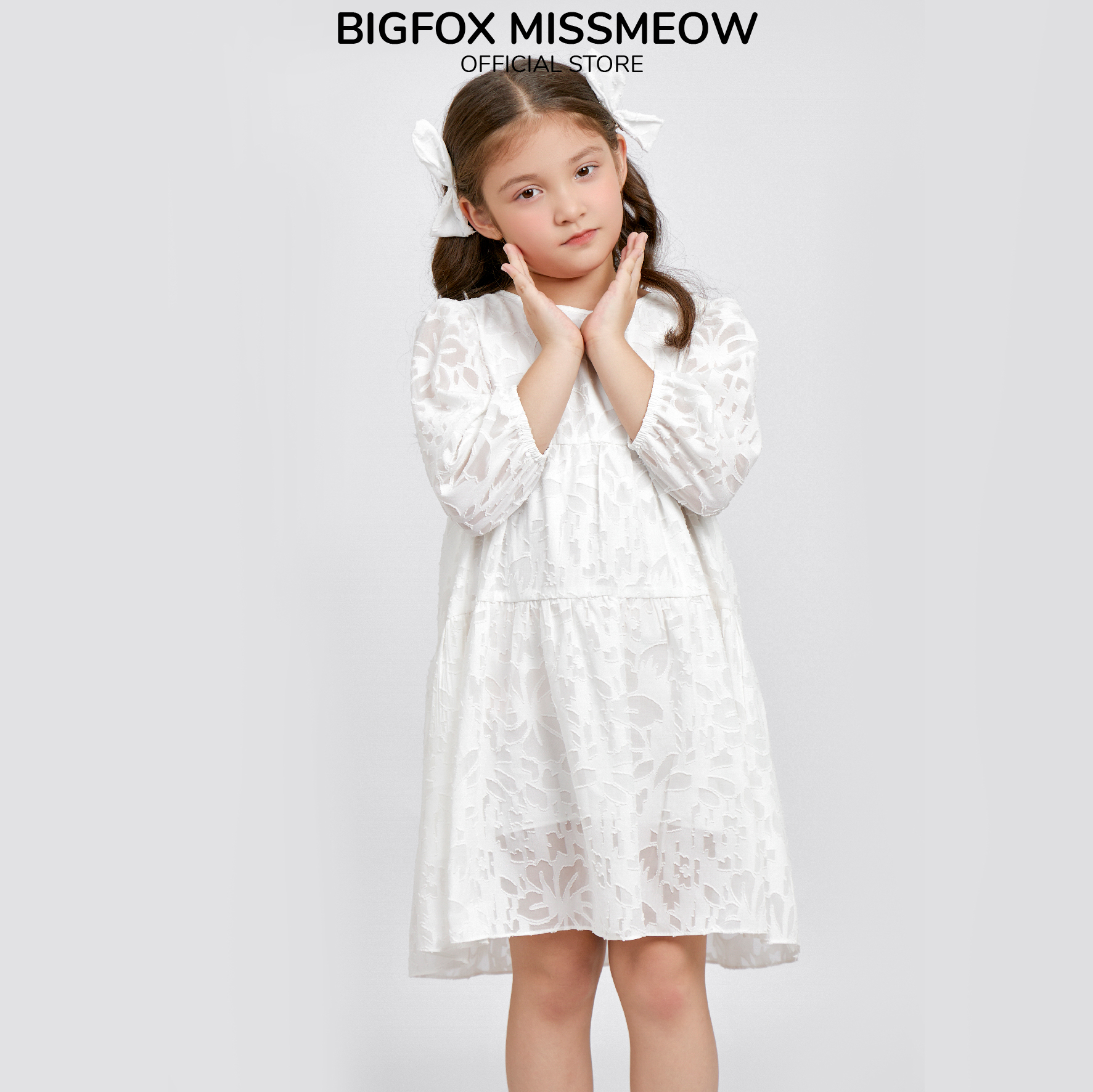 Váy trắng cho bé gái Bigfox Miss Meow size đại mặc dự tiệc, sự kiện mùa thu đông tay lỡ 2 lớp cỡ 3,7,9,11 tuổi 30kg