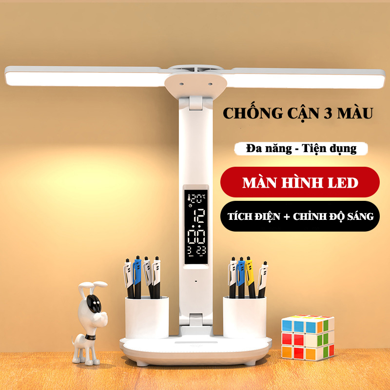 Đèn bàn học, bàn làm việc tích điện màn hình LED tiện ích, đa năng, chống cận 3 màu, chỉnh độ sáng