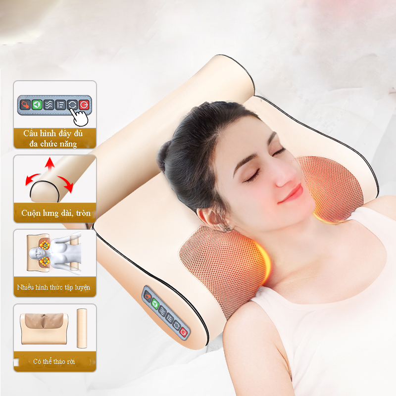 Gối mát xa massage hồng ngoại 16 bi cao cấp thế hệ mới, trị liệu cổ, vai ,gáy, cột sống lưng chất liệu da, vải chống thấm nước + tặng kèm gối lưng + gói trị liệu ngải cứu