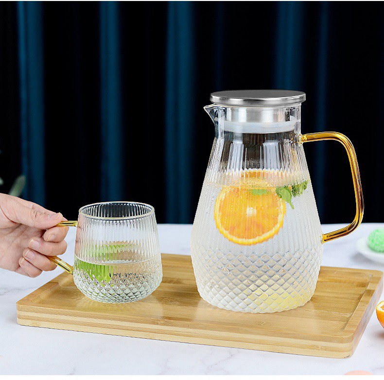 Bình Nước Thủy Tinh Trong Suốt Hình Dạng Kim Cương 1500ml Nắp INOX, Ly 270ml