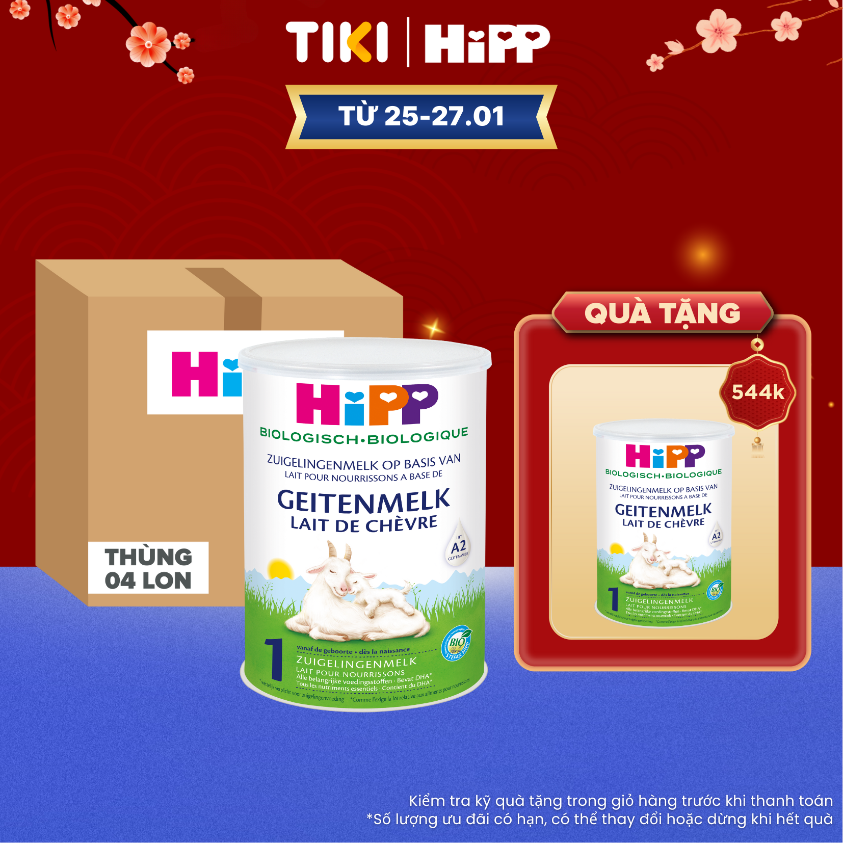 Thùng 4 lon sữa dê HiPP 1 Organic 400g - Nhập khẩu Đức, giúp bé phát triển chiều cao, trí não, tăng cường hấp thu