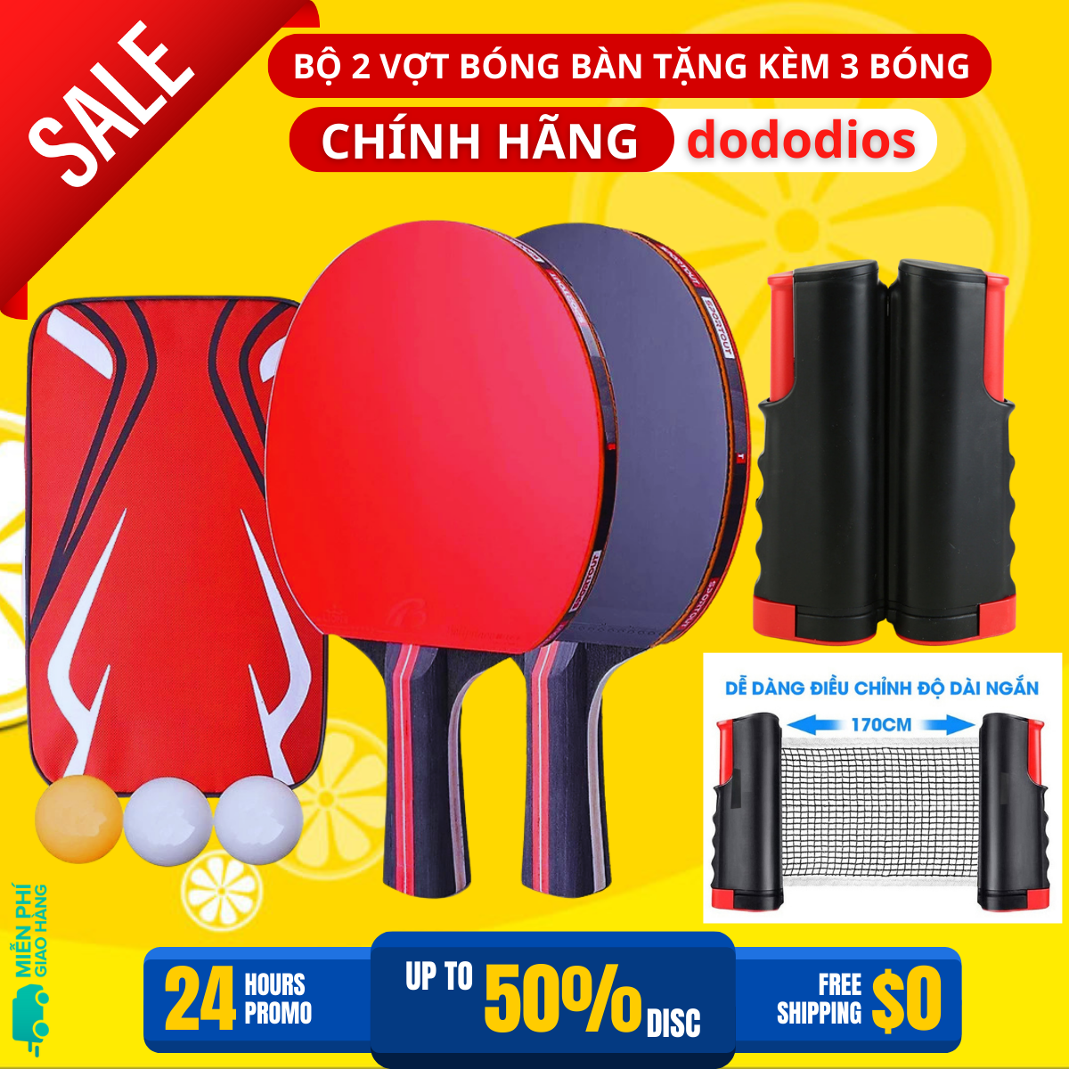 Combo 2 Vợt Bóng Bàn Tặng Kèm 3 Quả Bóng Bàn + Kẹp Trụ Lưới Bóng Bàn Rút Gọn Nhựa ABS 1,7m Chính Hãng dododios