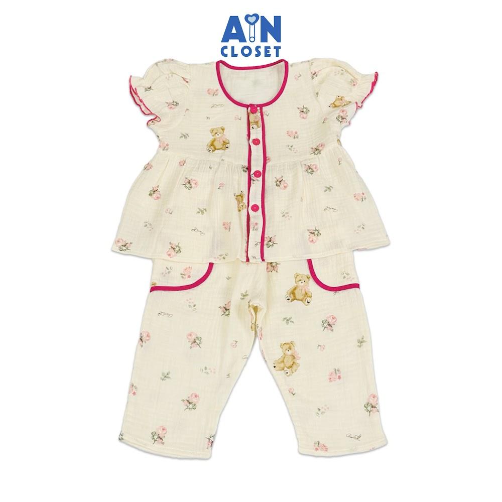 Bộ quần áo Dài tay ngắn bé gái họa tiết Gấu Viền Hồng Xô muslin - AICDBG0A1OZ2 - AIN Closet