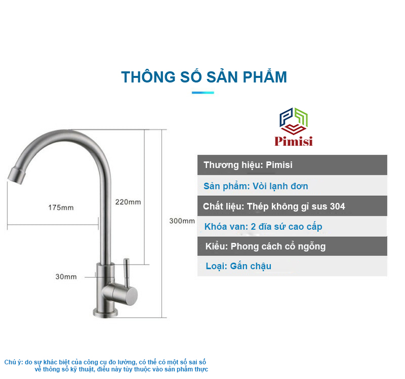 Vòi rửa bát inox 304 Pimisi gắn chậu rửa bát 1 đường nước lạnh đơn cho mọi loại chậu rửa chén phổ biến trong nhà bếp | Hàng chính hãng