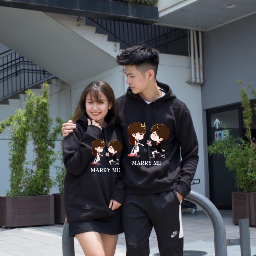 Áo Đôi Nam Nữ MM04, Áo Đôi Nỉ Có Mũ In Hình Cầu Hôn ý Nghĩa, Vải Nỉ Bông In Hình Dễ Thương