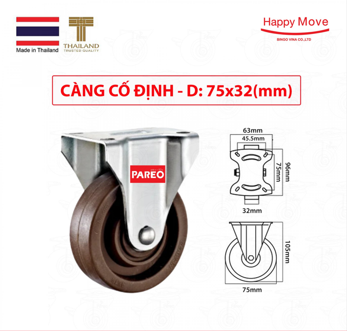 Bánh xe nhựa chịu nhiệt dành cho thiết bị Nung/ nướng/ hấp/ sấy - càng cố định - Thương hiệu Happy Move Thái Lan