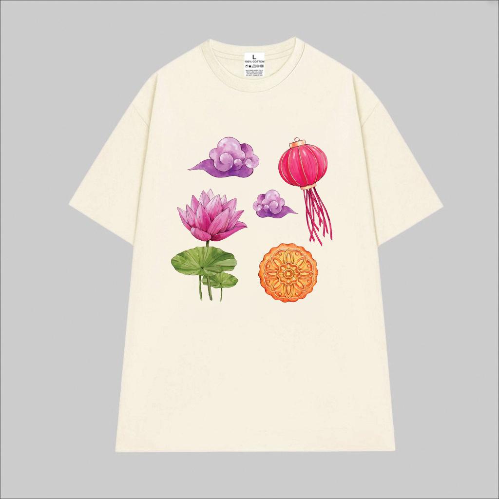 Cao cấp - Áo thun oversize hình lồng đèn hoa sen bánh trung thu áng mây Mid Autumn shirt áo thun uni