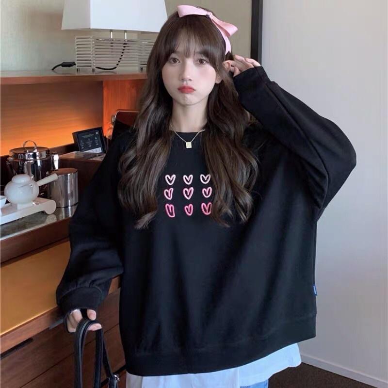 Áo khoác sweater chui đầu thêu tim nỉ ngoại tay phồng unisex ulzzang nam nữ