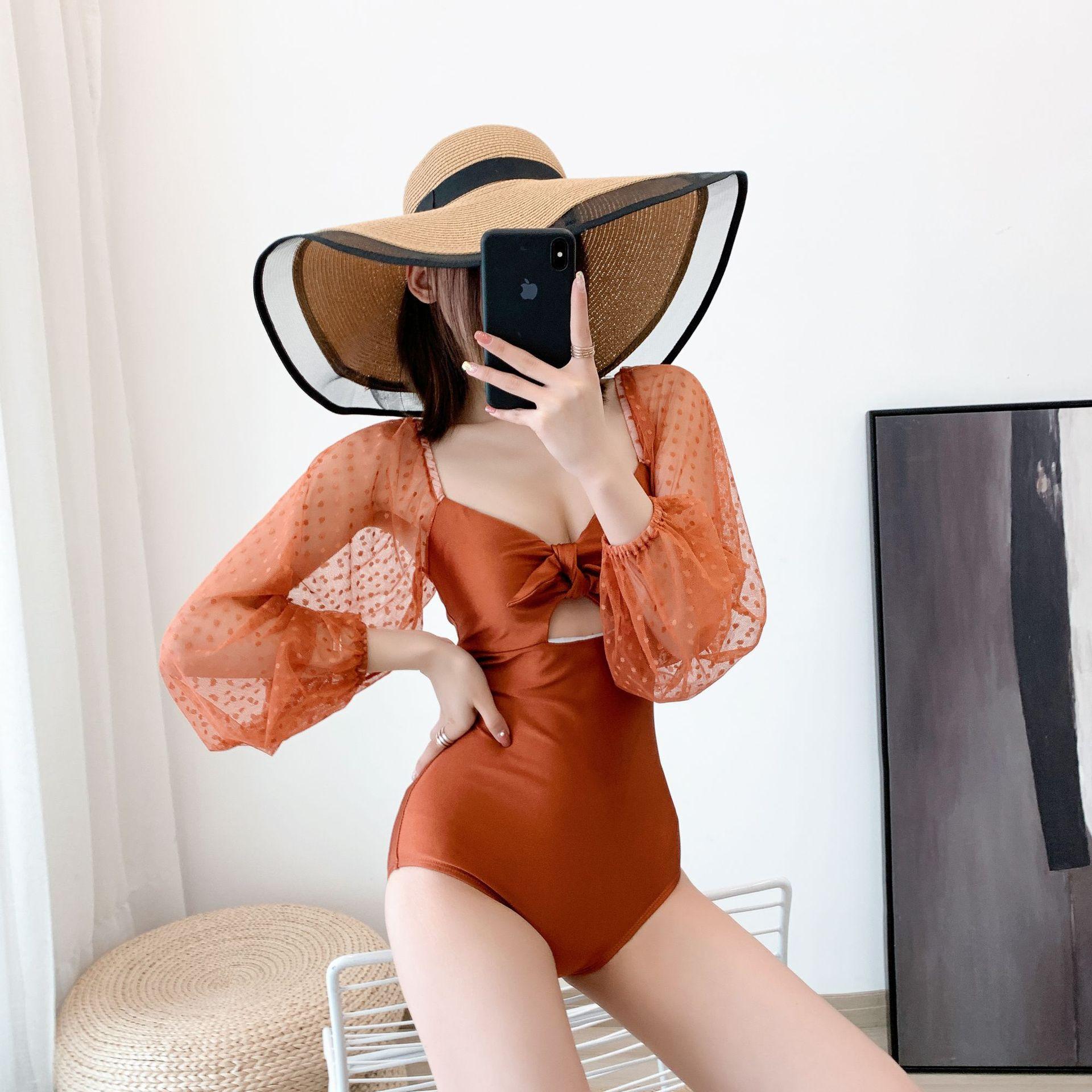 2020 one piece red black long sleeve mesh embroidered sexy backless bikini tie women swimsuit
