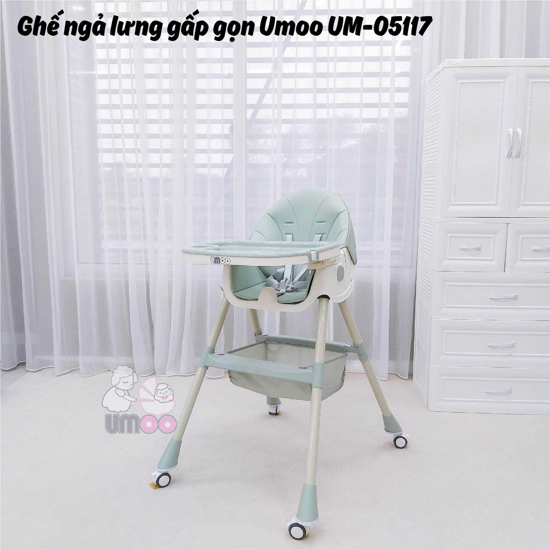 Ghế ngả lưng gấp gọn có bánh Umoo UM-05117 - Mã ghế đa zi năng nhất năm 2022, chấp hết mọi tư thế ăn nghiêng ngả của các siêu quậy nhí