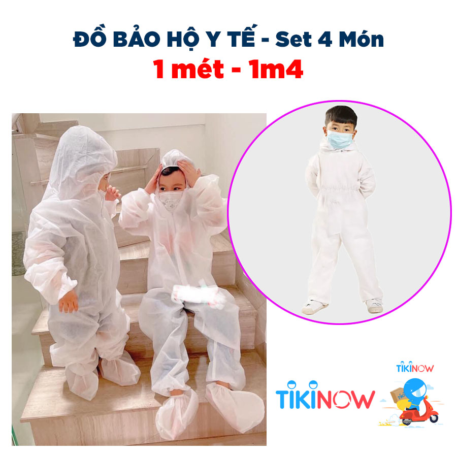 Đồ Bảo Hộ Y Tế Trẻ Em - Áo quần chống dịch cho bé - Đồ bảo hộ phòng dịch bé từ 1.1m-1.4m 4 món và 7 món màu xanh và trắng