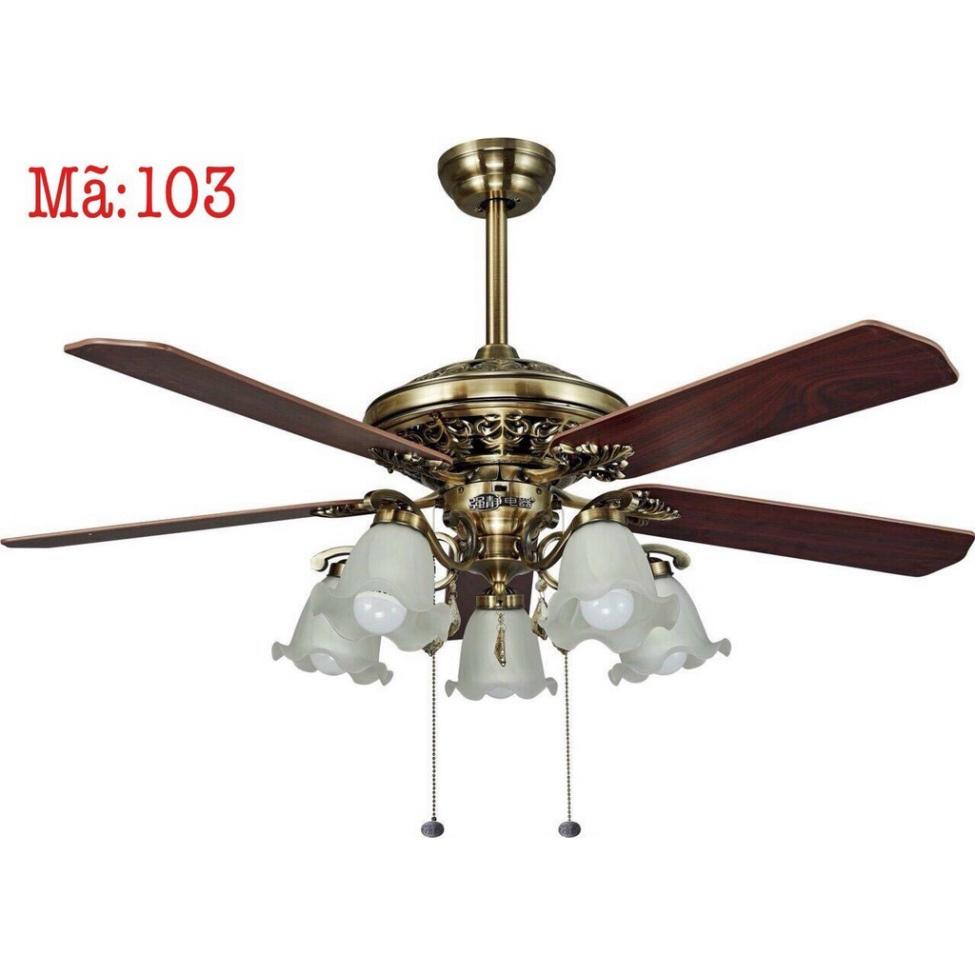 Quạt Trần Đèn 5 Cánh Gỗ Lõi Đồng Phong Cách Tân Cổ Điển,Tặng Bộ Điều Khiển Từ Xa,Động Cơ DC 6 Tốc Độ