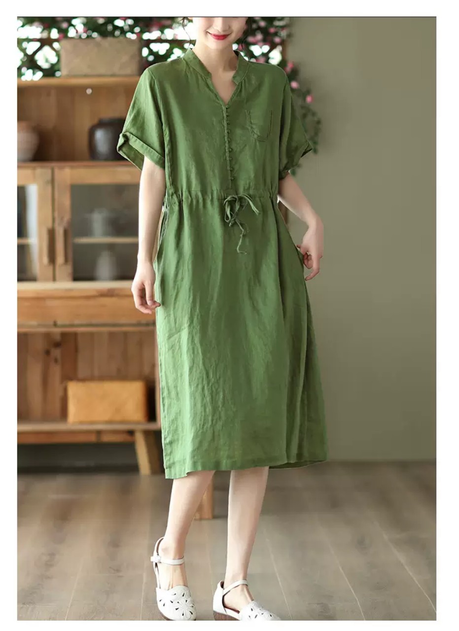 Đầm Váy midi linen sơ mi nữ cổ V, ngắn tay thời trang hè , phù hợp mặc đi chơi, đi làm ARCTIC HUNTER AH171
