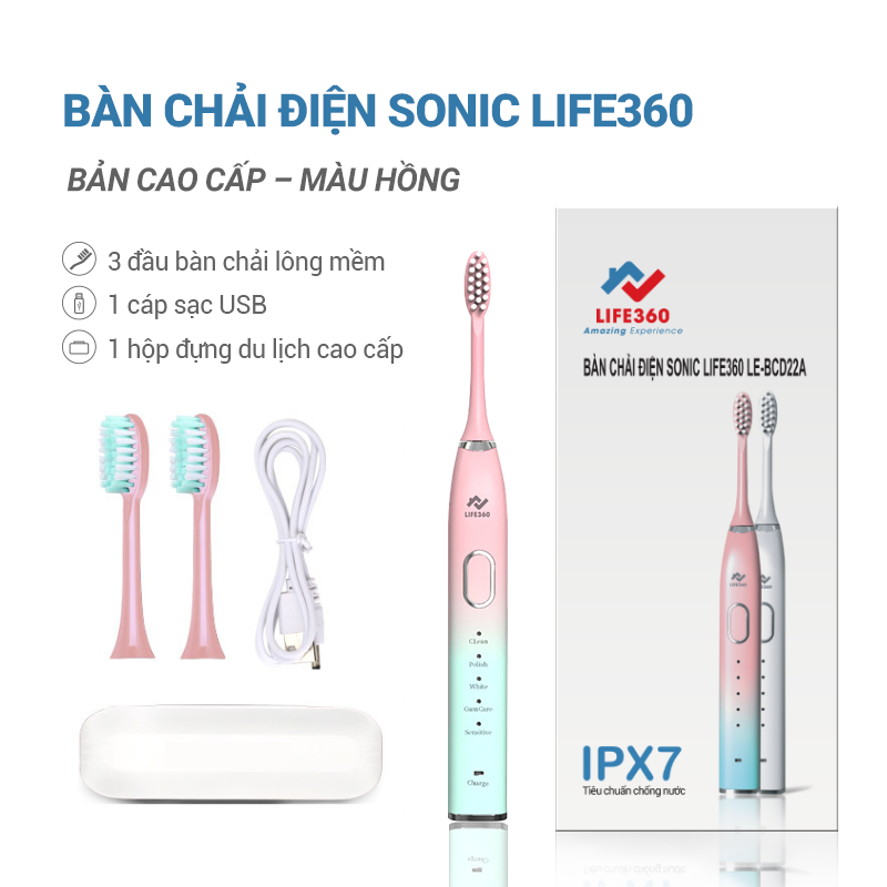 Bàn Chải Điện Sonic Life360 LE-BCD22A (Bản Cao Cấp) - Công nghệ sóng âm sonic, Chải Sạch Mảng Bám Tới 10 Lần, 5 chế độ thông minh, Chống Nước IPX7