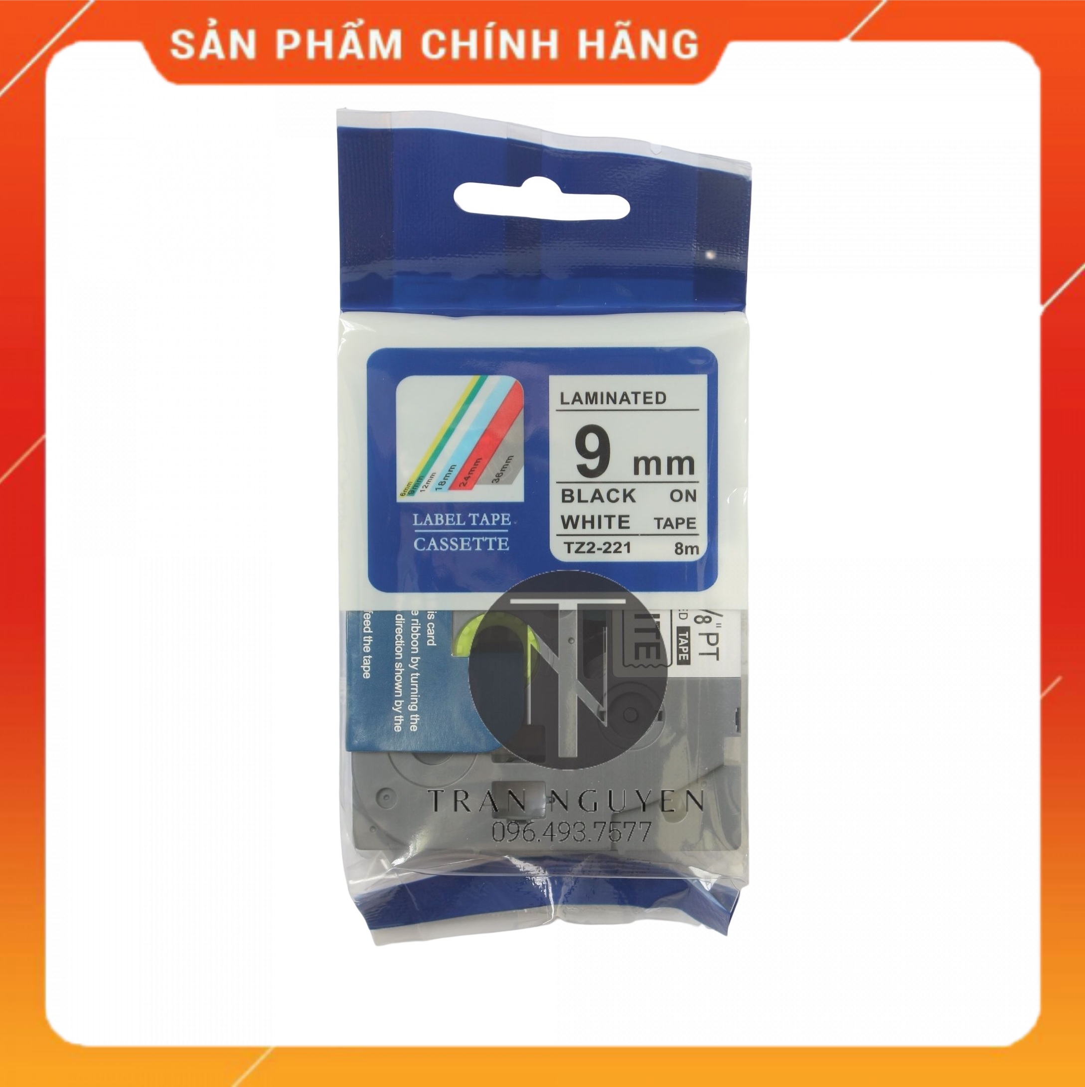 [Combo 3 cuộn] Nhãn In đa lớp Tz2-221 - Đen nền trắng 9mm x 8m- hàng chính hãng