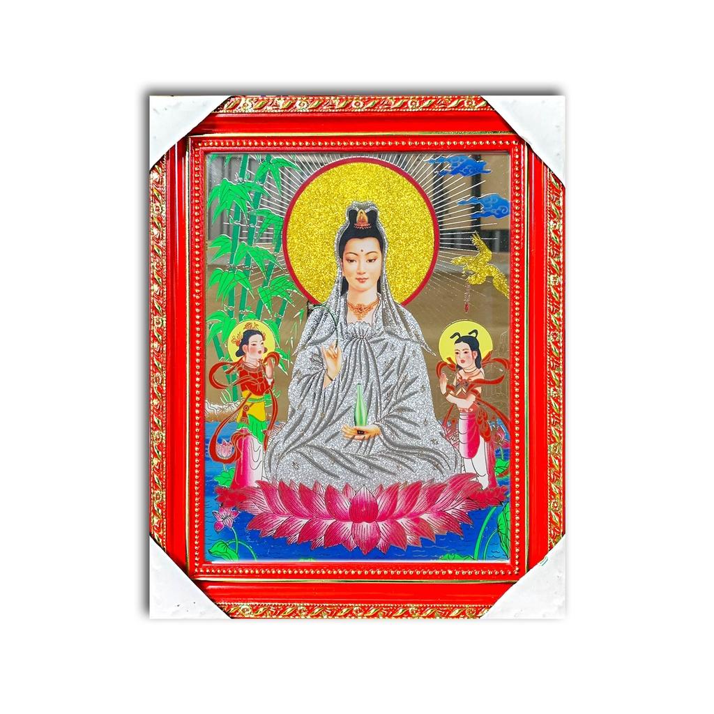 Tranh Kiếng Quan Âm ngồi đài sen - có hầu và không hầu - Nền Gương - Tranh kiếng chạm - Độ mệnh - Khung gỗ và khung xi các loại