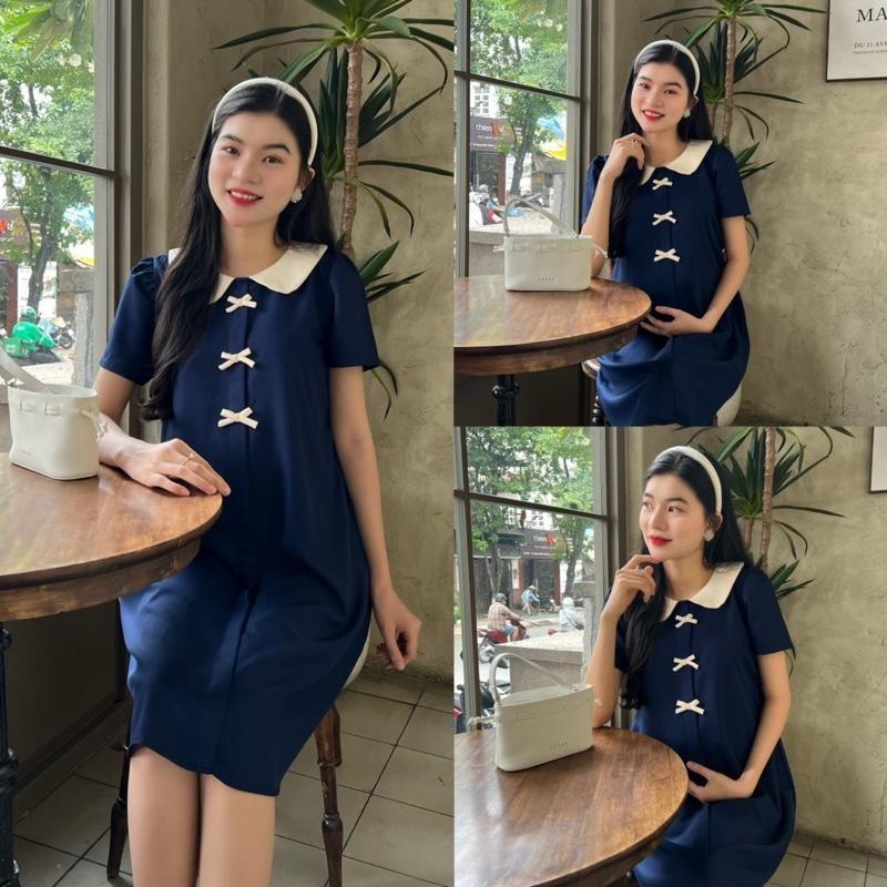 Đầm bầu công sở cổ sen đính 3 nơ dễ thương chất cotton lạnh mềm mịn - Hồng