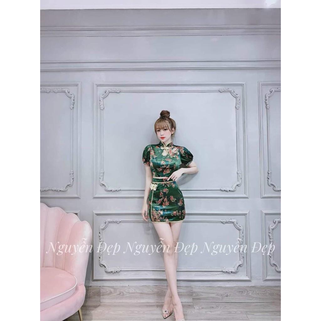 Set Bộ Áo Cổ Tàu in Hoa Cao Cấp Kèm Chân Váy Viền Siêu Xinh
