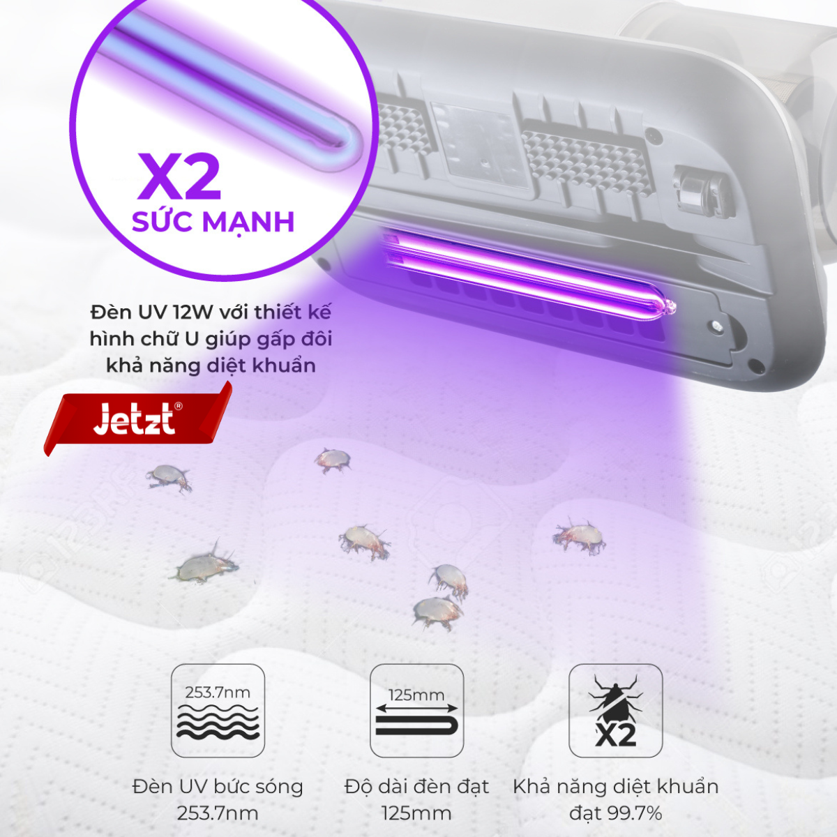 Máy hút bụi giường nệm diệt khuẩn UV Jetzt V20 Pro không dây cầm tay, hàng chính hãng