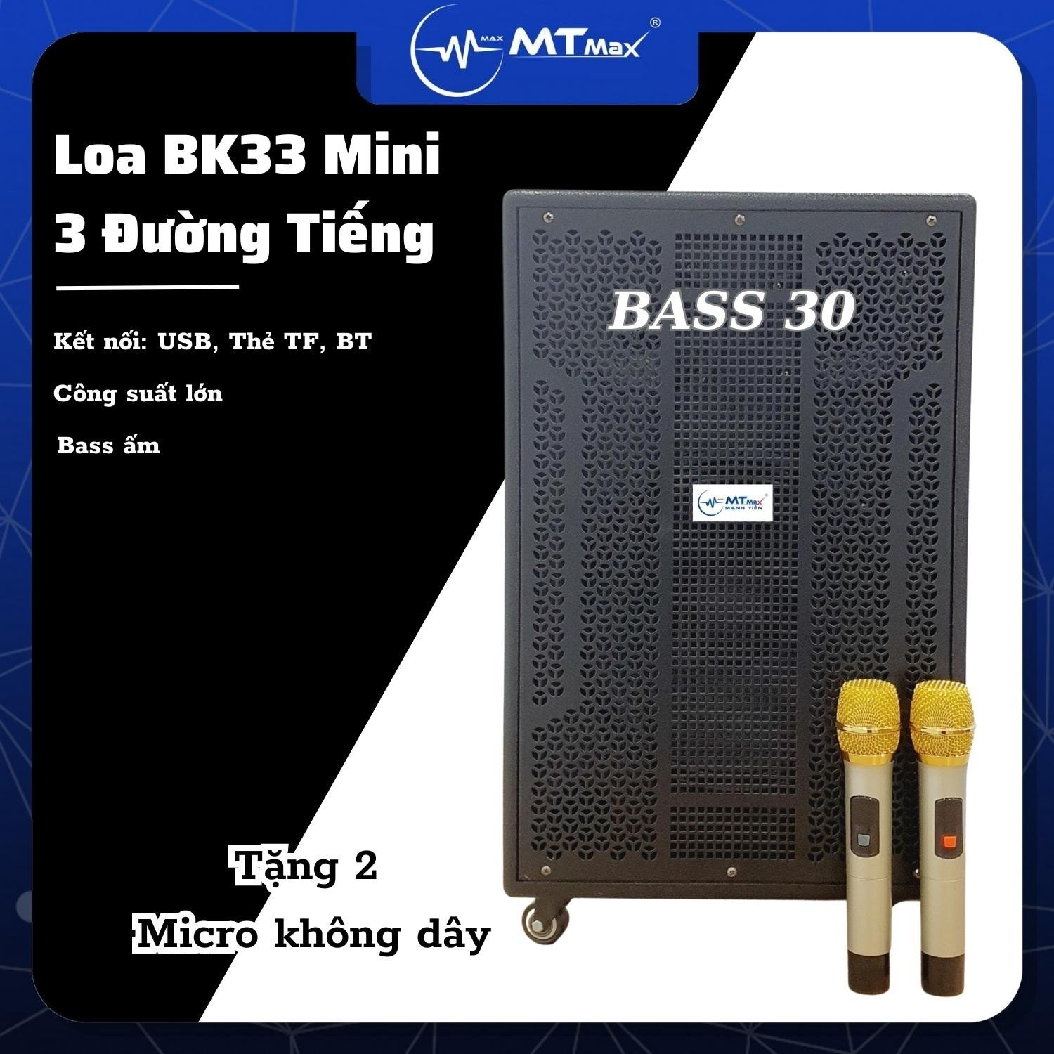 Loa Kéo Di Động BK33 Mini (Bass 30, 3 Đường Tiếng) NEW Công suất 600w dùng cho karaoke gia đình hội họp dám tiệc âm thanh lớn tặng kèm 2 mic cap cấp uhf