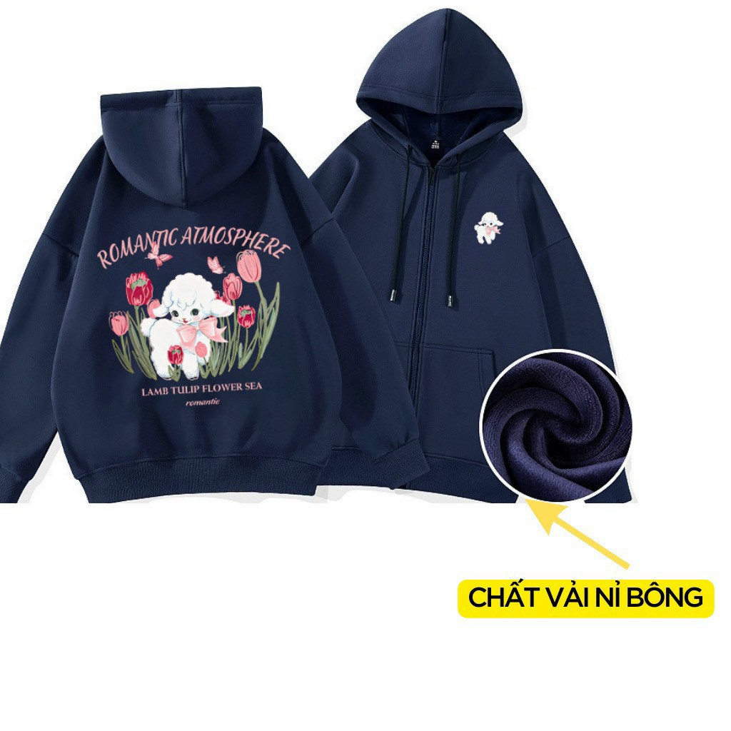 Áo Hoodie Zip Hoa Tulip, Áo Khoác Hoodie dây kéo Nam Nữ Form Rộng Chất Nỉ Bông Cotton Dày 2 Lớp Ulzzang Unisex