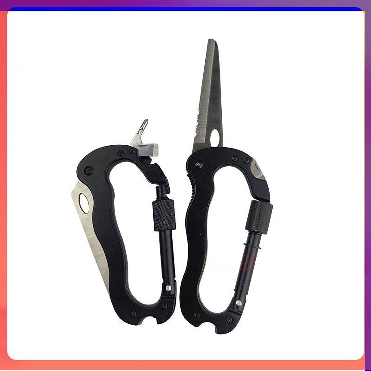 Móc khóa Carabiner hợp kim thép cao cấp đa năng 6 trong 1 gồm dao, 2 đầu tua vit đa năng, cạnh mở lon và khóa xoay chắc