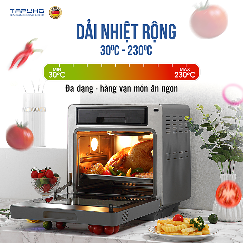 Nồi Chiên Hơi Nước Tapuho TSF16 Dung Tích 16L Công Suất 2800W 60 Chương Trình Nấu Tự Động Quay Gà Nguyên Con Hàng Chính Hãng