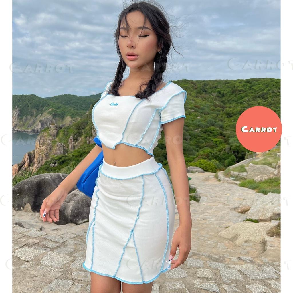Áo croptop và chân váy set đồ nữ đi chơi đi du lịch sang chảnh phong cách hàn quốc trendy carrotxinhdep chất co giãn -91