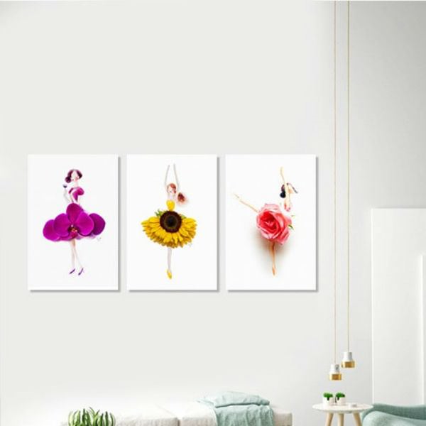Bộ 3 Tranh Ép Gỗ MDF Trang Trí Phòng Khách Đẹp "Thiếu Nữ Hoa" W286