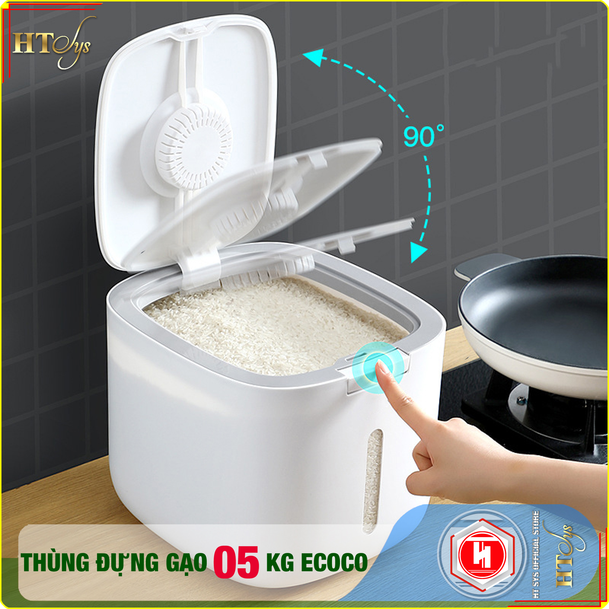 Thùng đựng gạo ECOCO-5KG-E2029-Thiết kế dạng nhấn nút-Chống kiến, chống ẩm, chống mọt-Chất liệu ABS cao cấp + 01 Sét móc vàng tài lộc + 04 Khăn Lau - [ Hàng Nhập Khẩu ]