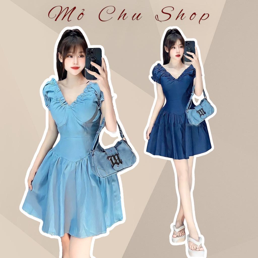 Đầm xòe jeans denim cổ v tay nhún