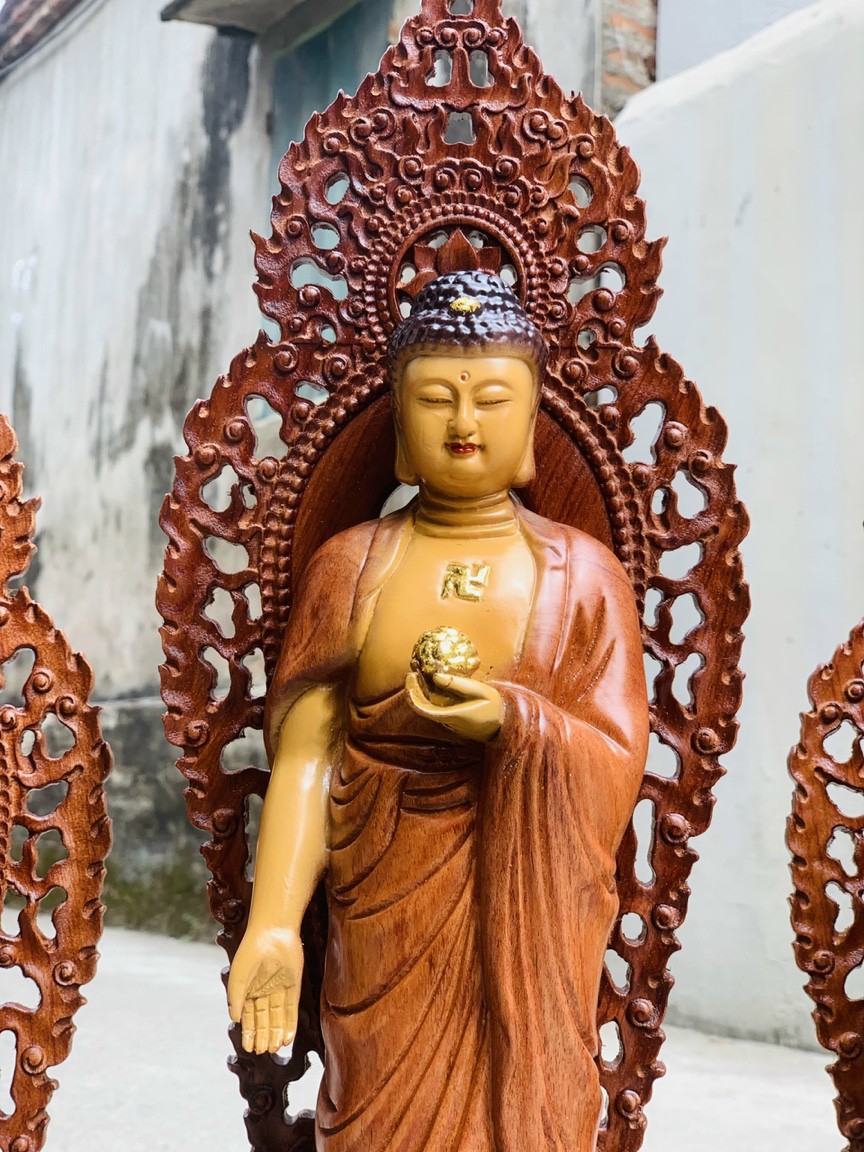 Bộ tượng phật tam thánh bằng gỗ hương đá làm mầu giả cổ kt cao 40cm