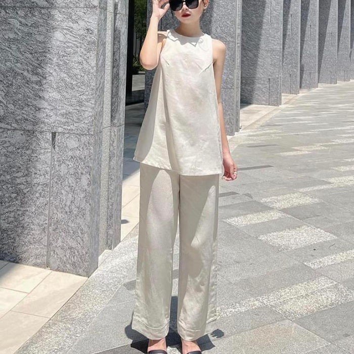 Áo kiểu yếm xẻ lưng Linen Hàn Premium cúc bọc trẻ trung xin xò, có 4 màu lựa chọn